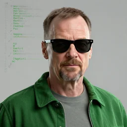 walter white, green matrix lines of code, black sunglasses, trending on artstation, CGSociety, Unreal Engine, Blender