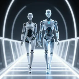 cyborg and hologram figure walking across a bridge made of light xbox photo in game informer magazine ( 2 0 0 4 )