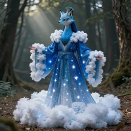 painted portrait of a starry blue fox peacock druid wearing magic imbued cotton cloud mage robes with led lights stitched on the fabric to resemble stars, cinematic, forest backdrop, dust particles, god rays, led lights, cotton cloud mage robes, dungeons and dragons, fantasy art, real life, anime, dynamic camera angle