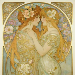 the lovers | romance love passion tenderness | highly detailed | very intricate | art nouveau | gold filigree | pre - raphaelite romantic storybook fantasy | made of flowers | soft cinematic lighting | award - winning | painted by mandy jurgens and audrey kawasaki | pastel color palette | featured on artstation
