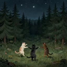 3 cats dance in a round dance, coniferous forest, dark calm sky with sparkling stars, art by suffering middle ages