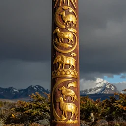 vertical rod wood carved in relief, gold color with aboriginal motifs of northern Patagonia, animals and nature of the patagonian aboriginal by miguel angel
