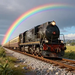 old train cruising through a rainbow, unreal engine, octane render, wide shot, highly detailed, intricate, 8 k