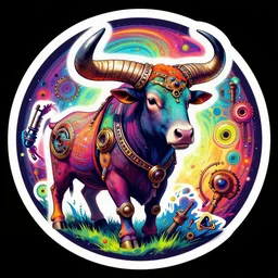 round sticker art of a multicolored realistic taurus, trippy steampunk style, 8 k, fluorescent colors, insanely integrate