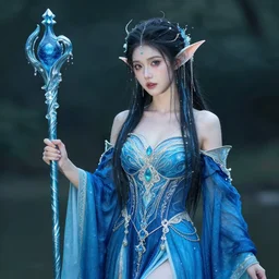 photograph of a very beautiful elemental water witch with ornate blue robs and staff, extremely detailed. dslr. 8 5 mm.