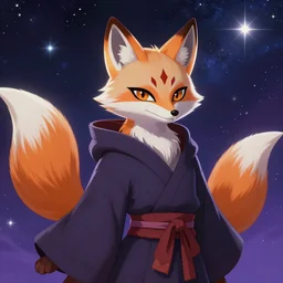 a painted avatar portrait of an awesome cosmic powerful anthropomorphic kitsune fox mage themed around death and the stars and the cosmos, in the style of dnd beyond avatar portraits, beautiful, artistic, elegant, lens flare, magical, lens flare, nature, realism, stylized, art by jeff easley