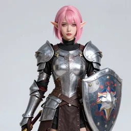 beautiful pink short haired half elf woman with armor and a shield, hyper realistic, 4 k, unreal