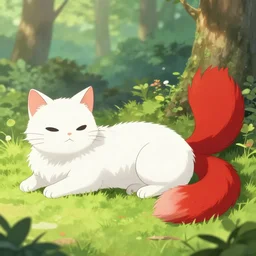 white cat with red tail like fox back laying at sunny forest, smooth, anime illustration, realism