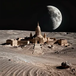 a great dead city on the dark side of the moon, lunar photography, ancient ruins, retro futurism, long abandoned, shimmering sand, haunting beauty