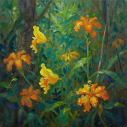 a dense jungle of fluorescent flowers, close up, oil painting