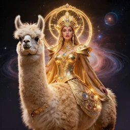 portrait of the powerful queen of the solar system llama in the style of anna dittmann and in the style of bob eggleton. glowing, ornate and subtle, stunning, dynamic lighting, intricate and detailed.