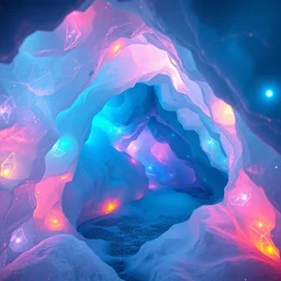 a beautiful digital artwork of an ice cave full of color led lights, stars in the background, high quality, stunning, volumetric shadows, haze, master level composition