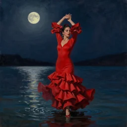 detailed oil painting of spanish flamenco dancer standing in water, wearing a dress red dress that's floating, midnight, moon, dimly lit, looking away, dark shadows, ethereal, photo realistic, high definition, 4 k, slr