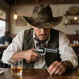 wild west cowboy wearing a heavily worn hat with revolver having a glass of whiskey in an old cafe, ultra realistic, award winning