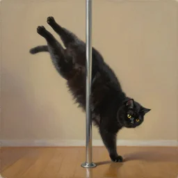 painting of chubby black cat doing pole dance