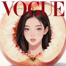 vogue magazine, elle magazine, inside a large fruit half peach, anime korean natalie portman face, ilya kuvshinov, greg rutkowski, john singer sargent, anime, trending on artstation, intricate
