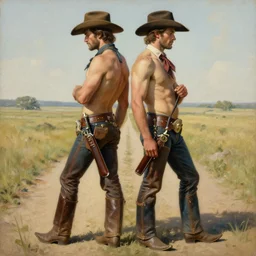 a homoerotic symmetrical painting by clyde aspevig, greg rutkowski, gaston bussiere, j. c. leyendecker of two attractive cowboys, they are in love standing back to back | bandoliers, shirtless, leather pants | natural lighting, path traced, highly detailed, high quality, trending on artstation