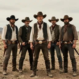 a gang of mercenaries in the wild west, posing for a group photo, cool, stylized