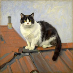 vintage beautiful painting of a fat cat on a roof in mary cassatt style