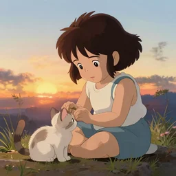 well - lit art nouveau portrait of a 1 3 - year old girl playing with a kitten at sunset, natural lighting, path traced, highly detailed, high quality, cartoon, digital painting, by don bluth and ross tran and studio ghibli