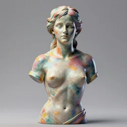 3D print resin sculpture of Emma Watson by Jean-Baptiste Carpeaux and Luo Li Rong, beautiful muscular body, perfect symmetrical face, colorful, fresh colors, half length shot, elegant, academic art, realistic, 8K, Product Introduction Photo, Hyperrealism. Subsurface scattering, raytracing, soft light, Octane Render, Redshift, Zbrush, simple background