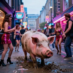 the year is 2 1 4 4, a perfect vivid chromatically distorted photograph of a erupting giant muddy pig wandering the seedy streets of soho, london. eye popping neon glows, miniskirts, calling cards, street hustlers and exotic dancers luring the pig in every direction. opulence, superficiality and a crass exploitative feel.