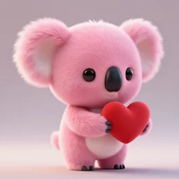 high quality 3 d render hyperrealistic very cute small pink koala holding red heart,, plush mascot, short spiky dense fluffy smooth hair, photo from the side, pink fluffy fur, 1 5 0 mm, beautiful natural soft light, rim light, smooth background, artstation, ultra detailed, elegant, ultra detailed, metallic armor, octane render