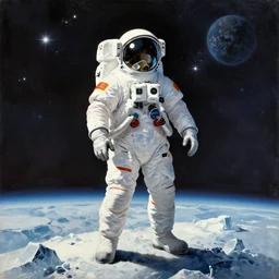 an epic russian 1950s propaganda poster of a futuristic astronaut standing on an airless icy planet in the endless starry night of space, detailed, soft focus, brilliant, 4k, 8k, HD, trending on artstation, illustration by Moebius