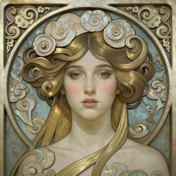 face portrait, artwork by james jean, chiara bautista, beautiful queen of futility, jean delville, art nouveau, james jean spiraling clouds, ornate metal gothic icon heavy patina, gustav klimt, joy, delicate, enchanting, otherworldly, whimsical, ethereal, mythology, magical, beautifully lit, visionary dreamscape, deep rich moody colors