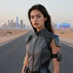 photograph of a techwear woman, closeup, on a desert road with a futuristic city in the horizon, long exposure, sigma 85mm f/1.4, 4k, depth of field, high resolution, 4k, 8k, hd, full color