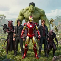 portrait of marvels ( ( ( ( ( ( ( ironman ) ) ) ) ) ) ) hulk by hr giger, greg rutkowski, luis royo and wayne barlowe as a diablo, resident evil, dark souls, bloodborne monster, elden ring creature : : in a garden, grassy field, large field in the background