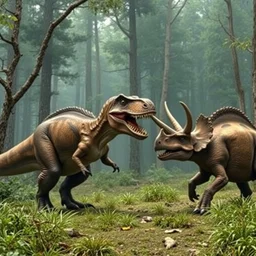 a tyrannosaurus and a triceratops fighting in a prehistoric forest