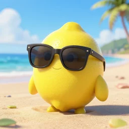 a pixar lemon wearing sunglasses at the beach