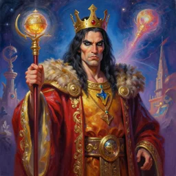 A cyborg Weird Al Yankovich as the tyrant emperor of the universe. Trending on ArtStation. A vibrant digital oil painting. A highly detailed fantasy character illustration by Wayne Reynolds and Charles Monet and Gustave Dore and Carl Critchlow and Bram Sels