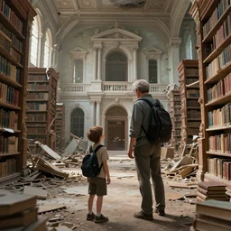 father and son exploring destroyed library of congress, hyperdetailed, artstation, cgsociety, 8 k