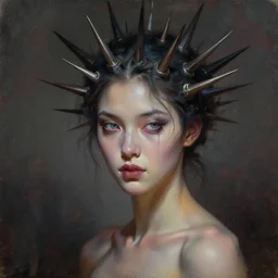 a beautiful woman with spikes growing from her head, painted by artgerm and tom bagshaw, fantasy art, dramatic lighting, highly detailed oil painting