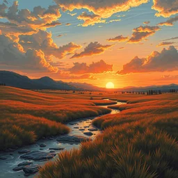 battle field in drawing style, sunset with river in far away