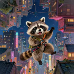 adorable happy japanese raccoon dog rogue ziplining through a crowded upside - down city, midnight, cinematic, detailed, d & d, colorful, hyperrealistic, trending on artstation, studio ghibli, dynamic, vibrant lighting, oil painting, japanese architecture, little nightmares