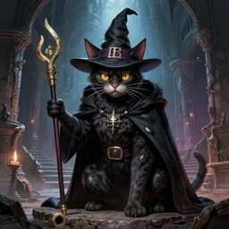 highly detailed, wizard cat with a dungeon background by mike mignola