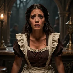 female tavern maid, horrified, dark tears, dark hair, tanned, beautiful, stunning, detailled, by luis royo, by pixar, by myazaki, game of thrones, gothic, final fantasy, fantasy, medieval