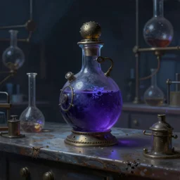 a painting of a steampunk potion bottle in dark violet blue on a counter in a dark dusty vintage science lab, by h. r. giger, hyperrealistic fantasy art, concept matte, ethereal, dreamy, digital art, trending on artstation, volumetric cinematic lighting