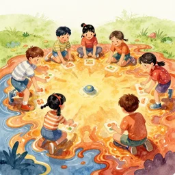kids playing the game the floor is lava, watercolour