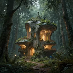 Futuristic house in the forest, lit by the light of gods, hyper detailed, artstation, cgsociety by greg rutkowski and by Gustave Dore