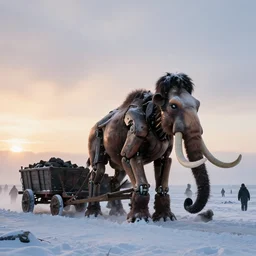 “photo of one biomechanical mammoth/wagon in an arctic storm with fog and blizzard, the mammoth drags old gigantic coal wagons with snow, it's a sunset photo with cold tones, some people around ”