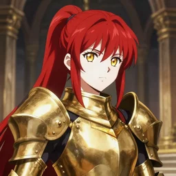 full anime portrait of beautiful paladin lady in the temple, face details, heavy brass armor, red ponytail, white skin, golden eyes, high fantasy, dnd, detailed, illustration, by kurone mishima
