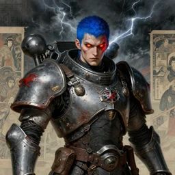 portrait of gothic and futuristic young man, warhammer, cyberpunk armor, a lot of scars, thunderstorm, blue head, fire eyes, some red, the middle ages, highly detailed, artstation, in the style of moebius, jugendstil and classic japanese print, art by jean delville and max ernst