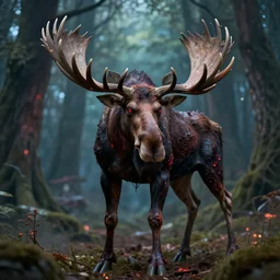 5 5 mm portrait photo of an armored demonic undead rotting burning moose with red eyes antlers and looking at the camera, in a magical forest. magical atmosphere. art by greg rutkowski and luis royo. highly detailed 8 k. intricate. lifelike. soft light. nikon d 8 5 0.