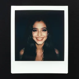 portrait of smiling girl. photo, surreal, harsh lighting. polaroid type 6 0 0. fear. evil. supernatural. horror.