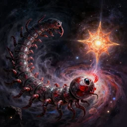 a huge cosmic centipede devouring a star. dreadful, art by greg rutkowski