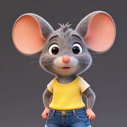 3 d render, portrait, headshot, closeup, anthropomorphic mouse, female, wearing denim short shorts and a off yellow tank top shirt, in the style of zootopia
